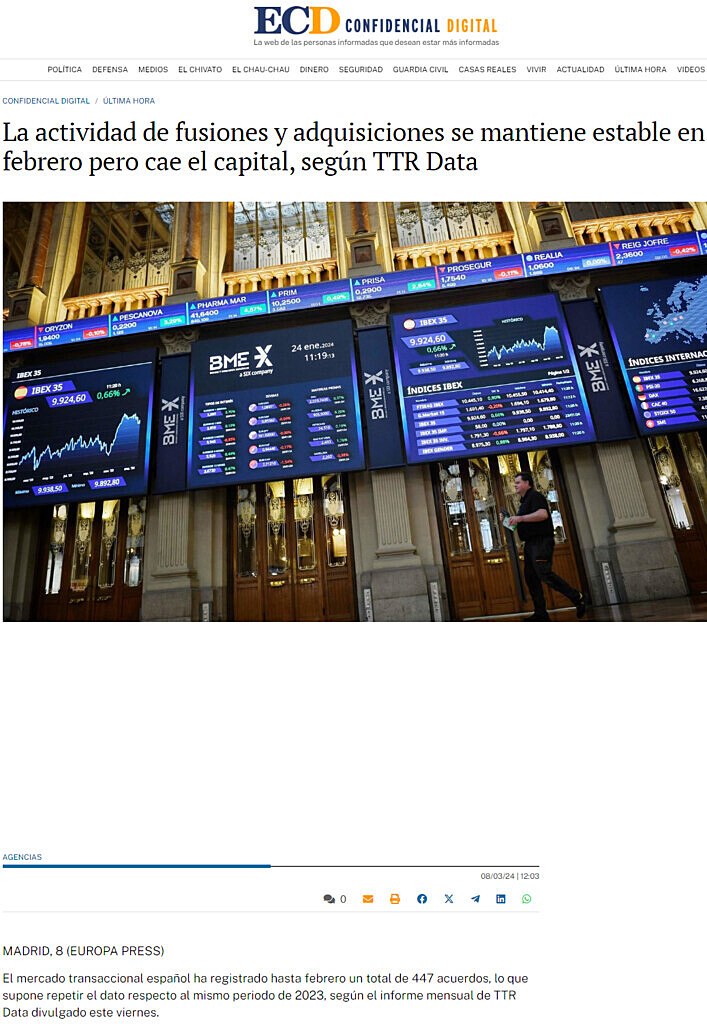 La actividad de fusiones y adquisiciones se mantiene estable en febrero pero cae el capital, segn TTR Data